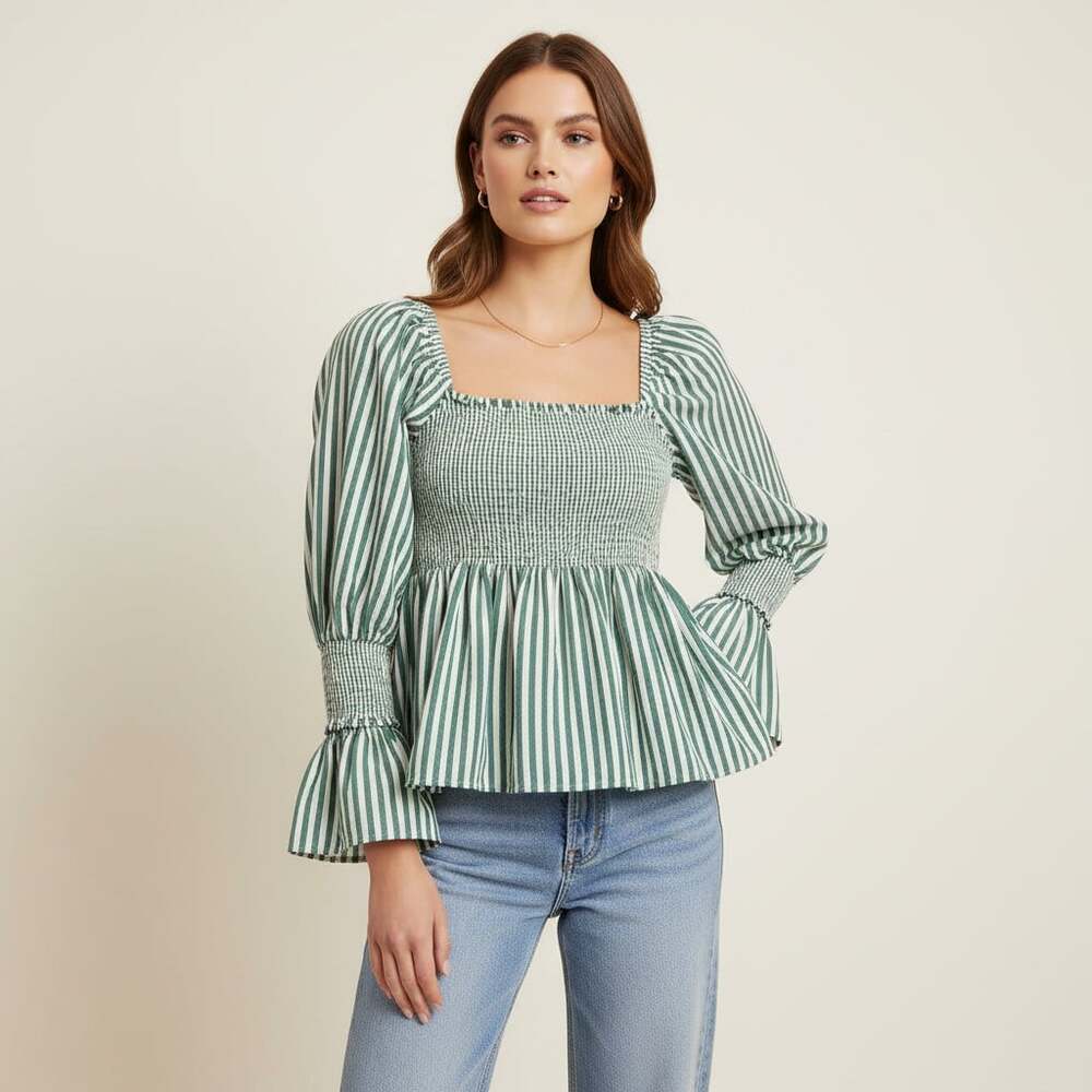 Cinq a Sept Smocked Stripe Crop Blouse XS Green White Puff Sleeve Top